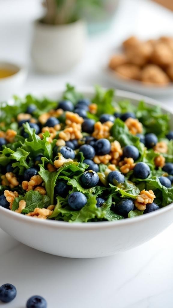 A bowl of kale salad with blueberries and walnuts