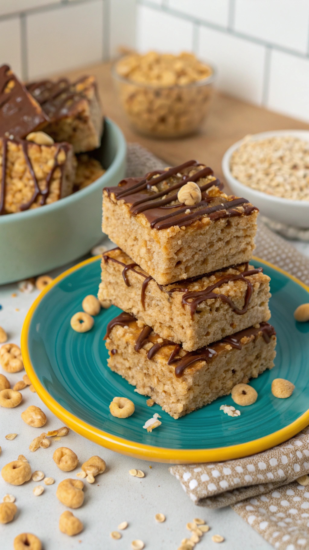 Sweet and chewy peanut butter rice crispy treats stacked on a plate, drizzled with chocolate.