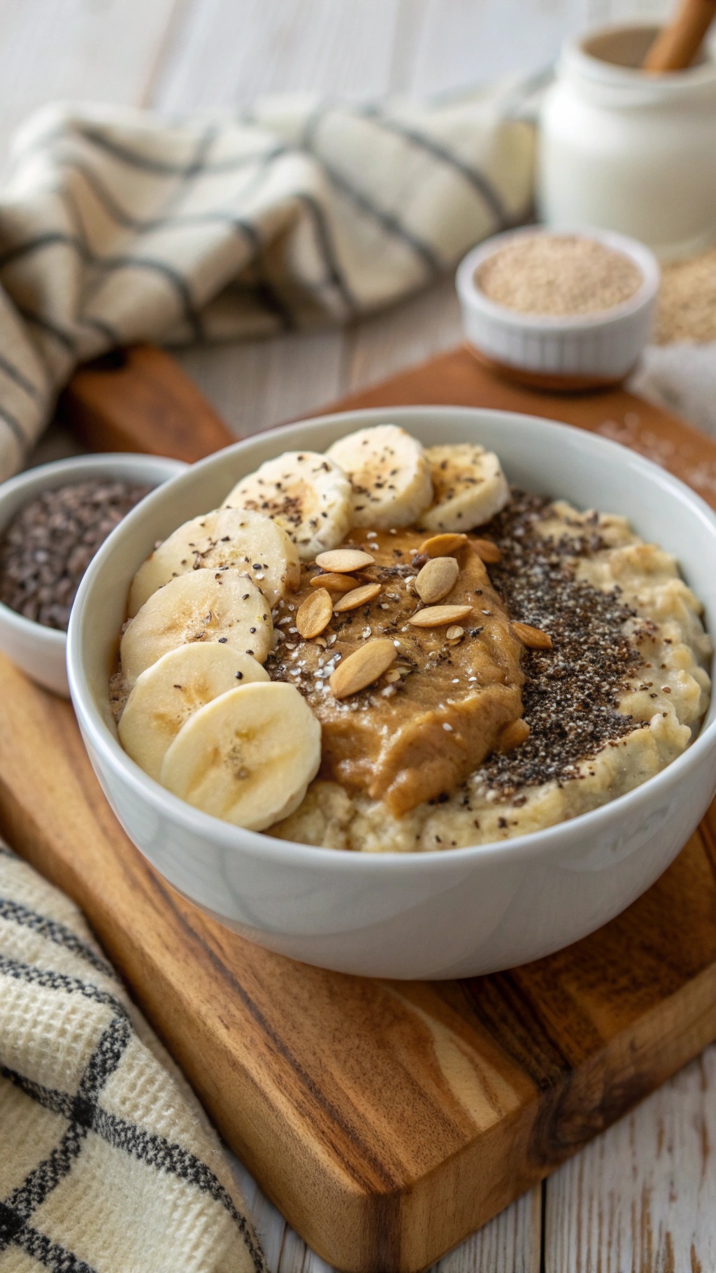 A bowl of almond butter banana oatmeal topped with banana slices, chia seeds, and almonds.
