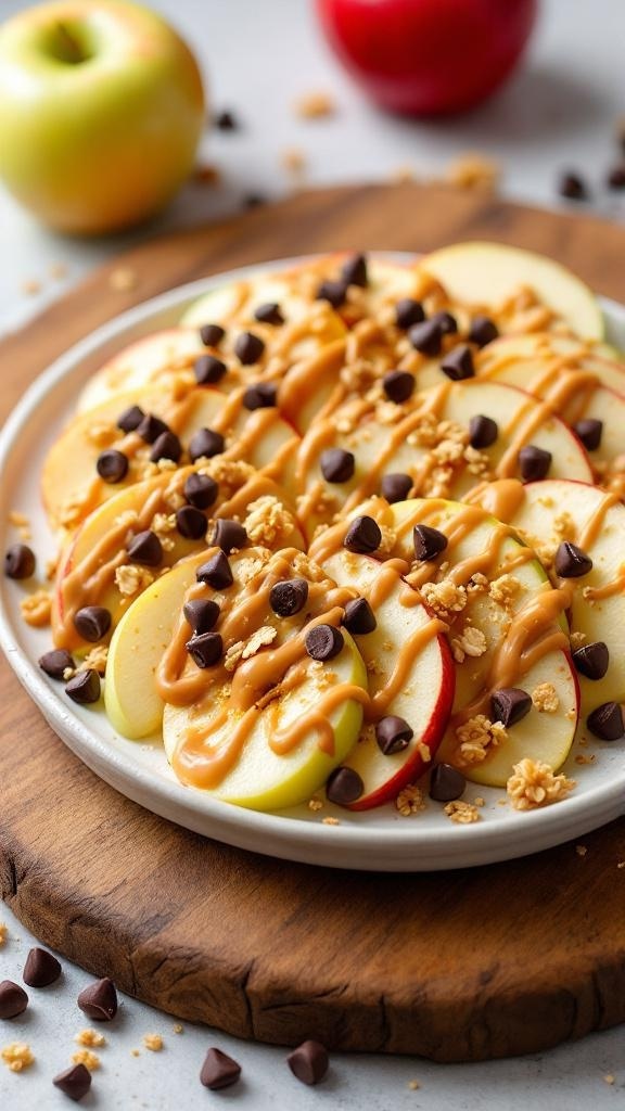 A plate of apple nachos topped with peanut butter, granola, and chocolate chips.