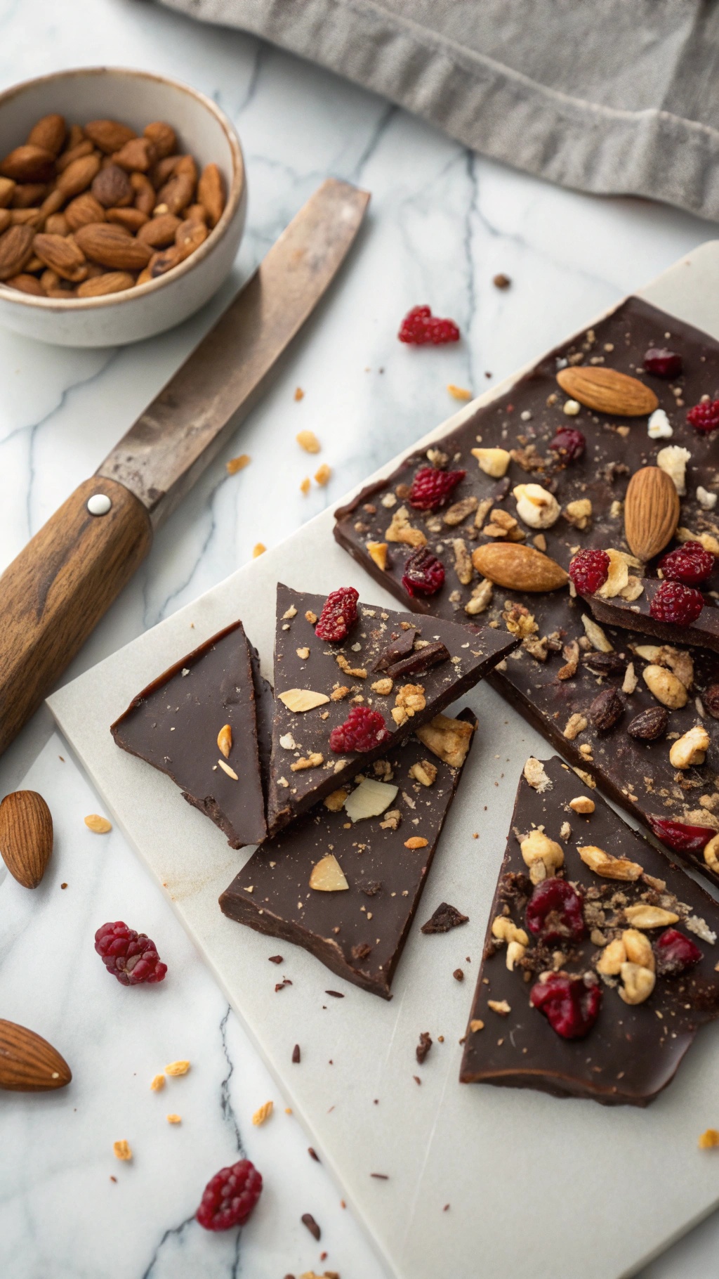 Chocolate protein bark with nuts and dried fruits on a marble surface