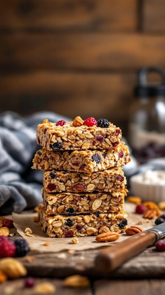 A stack of sweet and crunchy granola bars with nuts and dried fruits.
