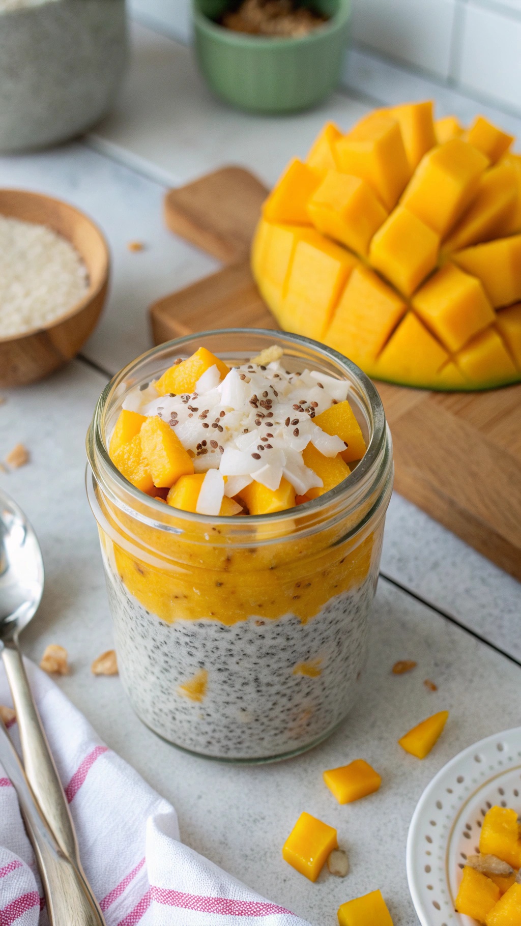 A jar of mango chia seed pudding topped with fresh mango and coconut flakes.