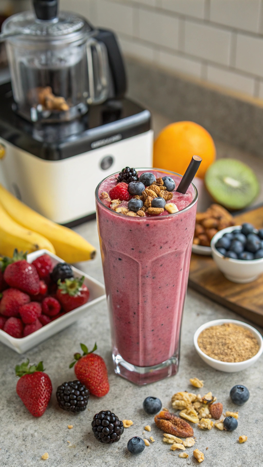 A colorful protein smoothie topped with berries and nuts, with fresh fruits and a blender in the background.