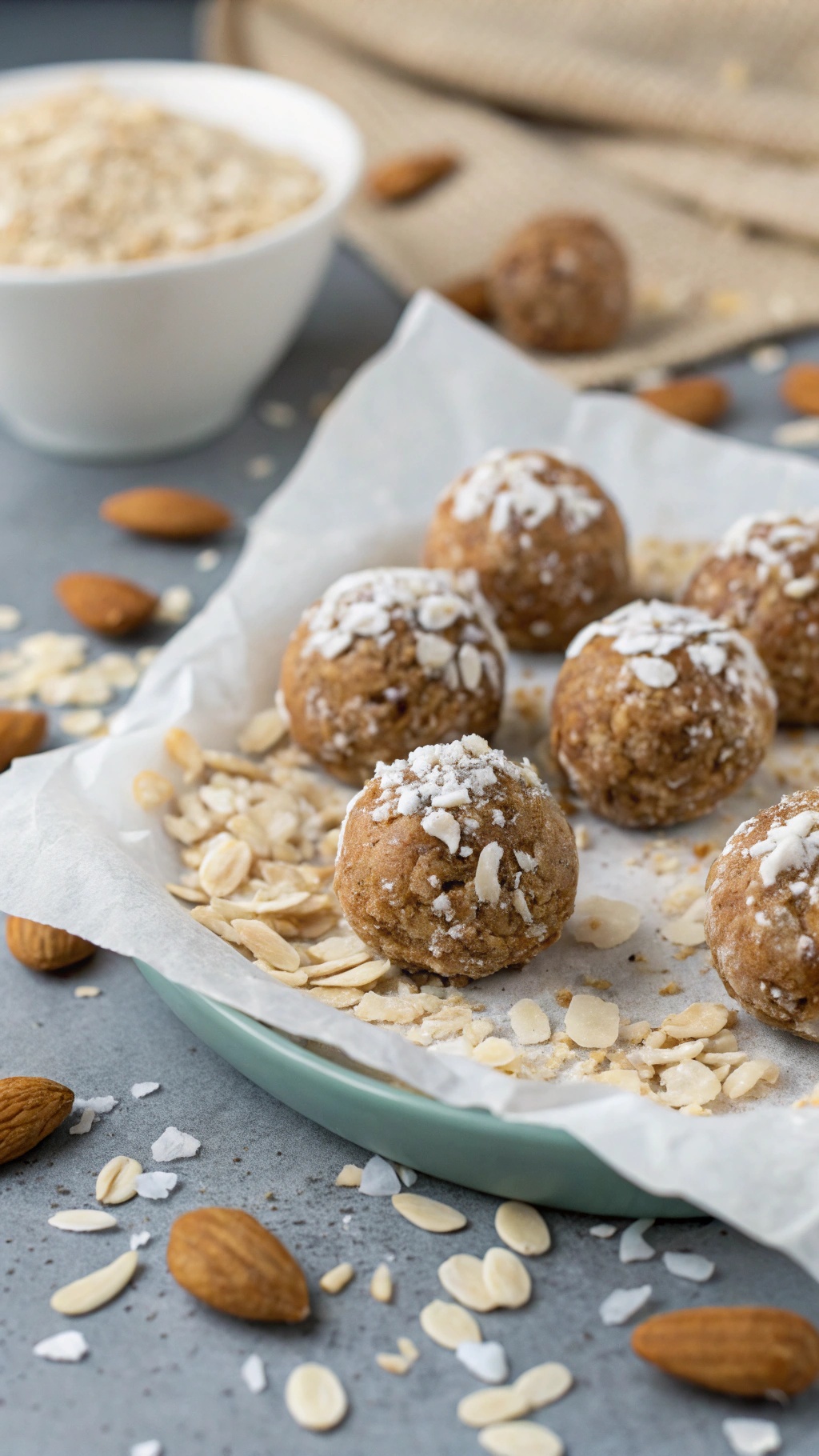 Almond Butter Energy Bites on a plate with oats and almonds scattered around