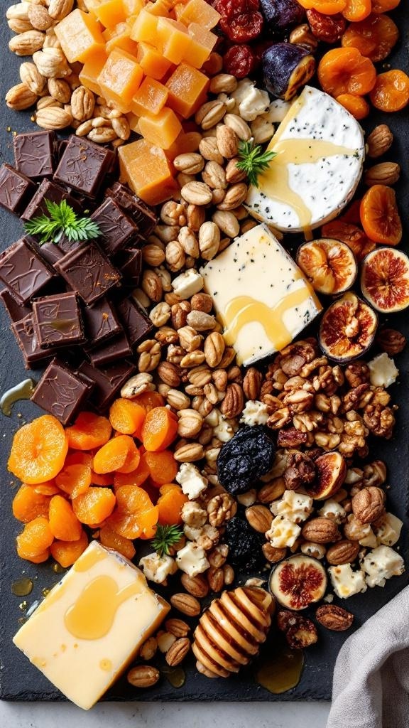A charcuterie board featuring cheeses, nuts, dried fruits, and chocolates, showcasing a balance of sweet and salty flavors.