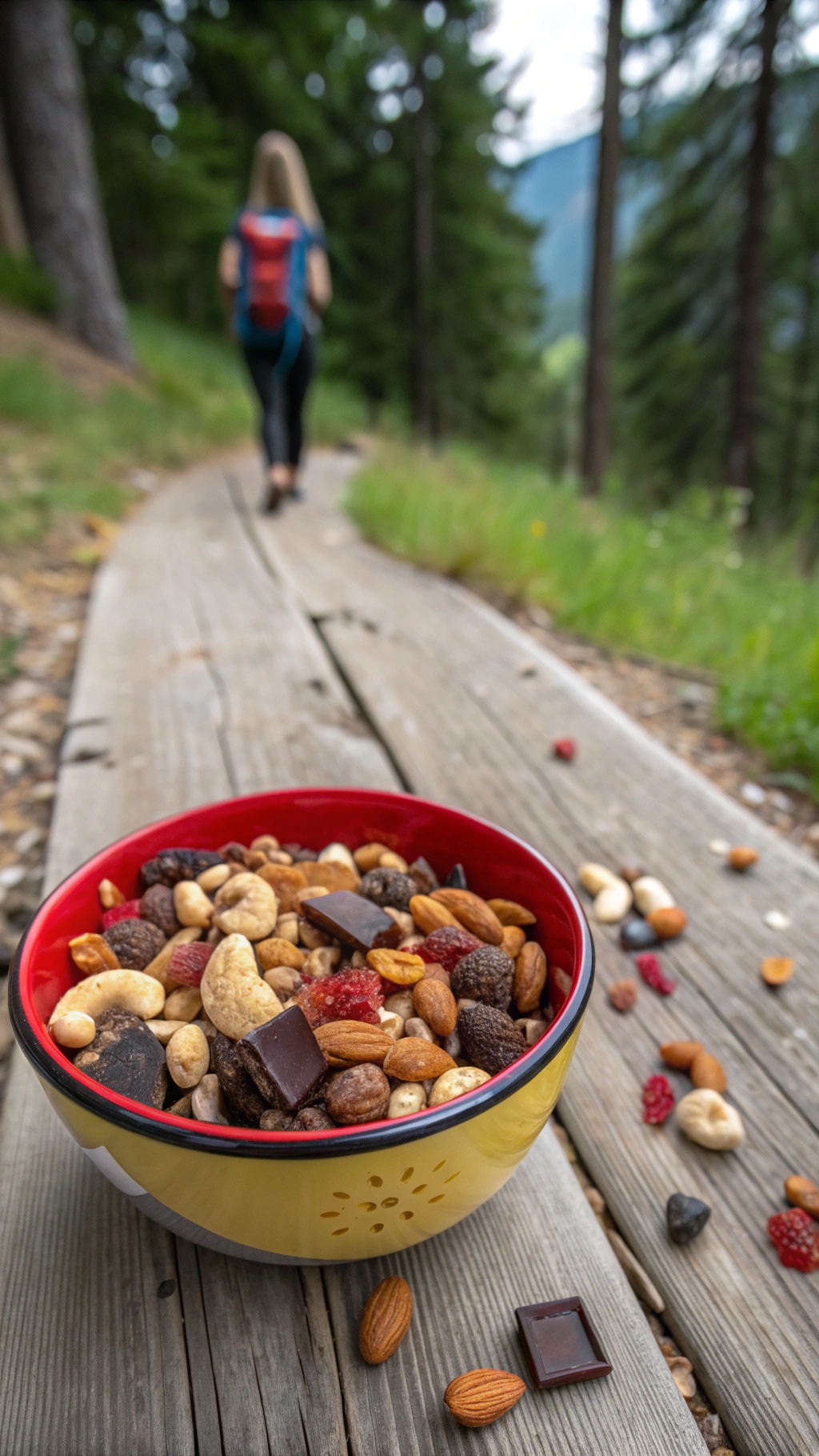 A bowl of sweet and salty trail mix with nuts, dried fruits, and chocolate, set on a wooden path in a forest.