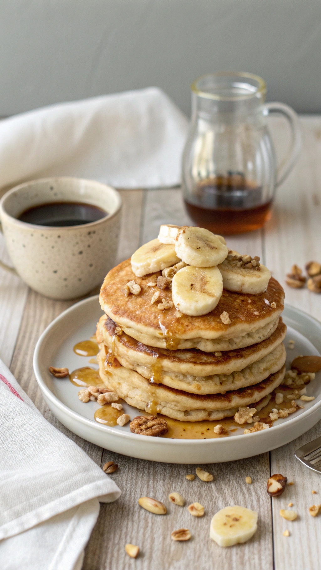 A stack of banana oatmeal pancakes topped with banana slices and syrup, with a cup of coffee on the side.