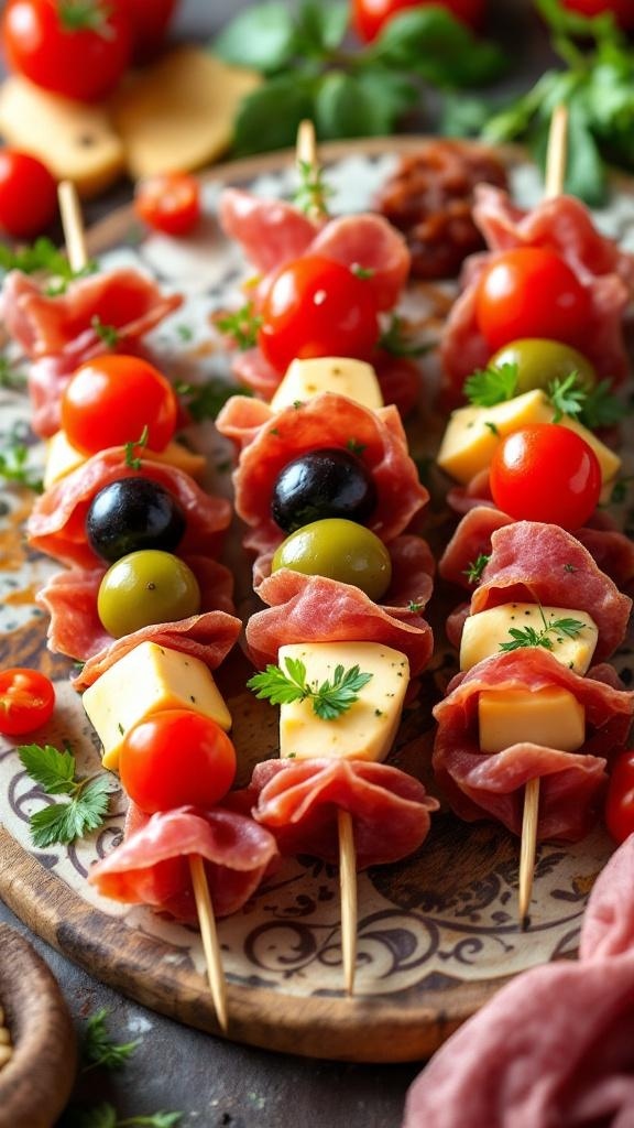 Colorful antipasto skewers with cherry tomatoes, olives, cheese, and salami on a wooden platter.