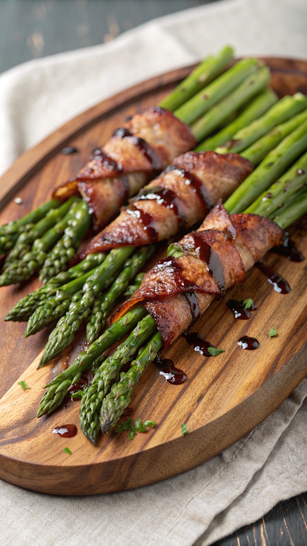 Bacon-wrapped asparagus arranged on a wooden platter with a drizzle of balsamic glaze.
