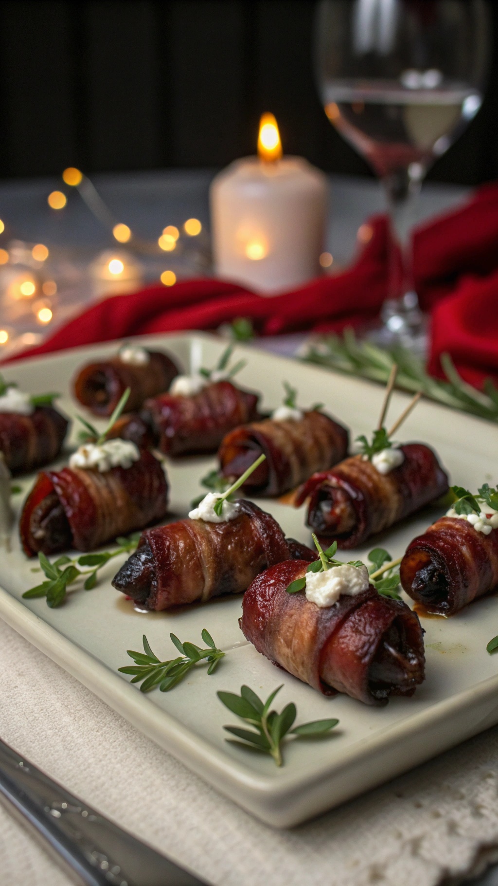 A plate of bacon-wrapped dates garnished with herbs, set against a romantic backdrop with candles and soft lighting.