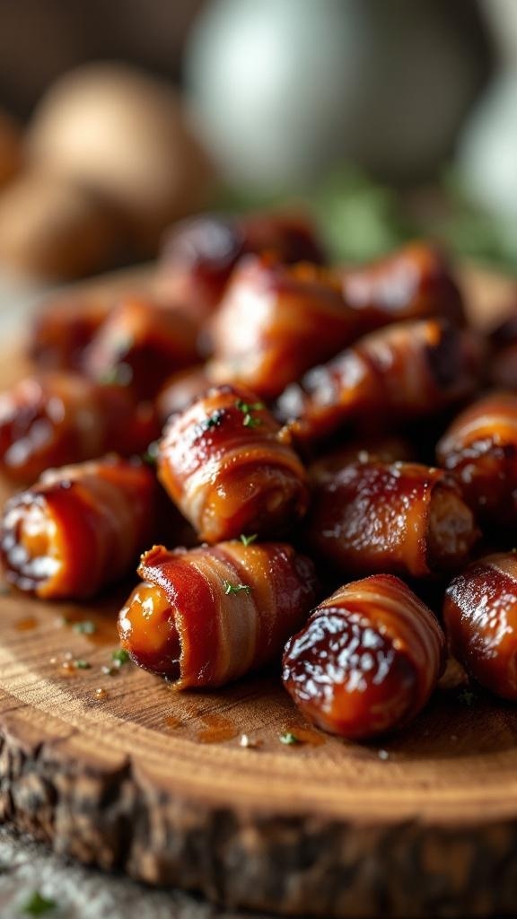 A close-up of sweet and savory bacon-wrapped dates on a wooden platter.