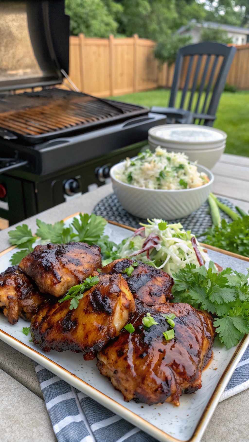 Grilled barbecue chicken thighs served with fresh herbs and coleslaw