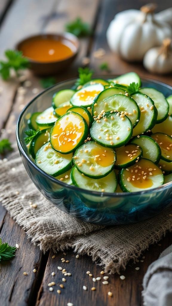 A refreshing cucumber salad with honey and sesame dressing, garnished with sesame seeds.