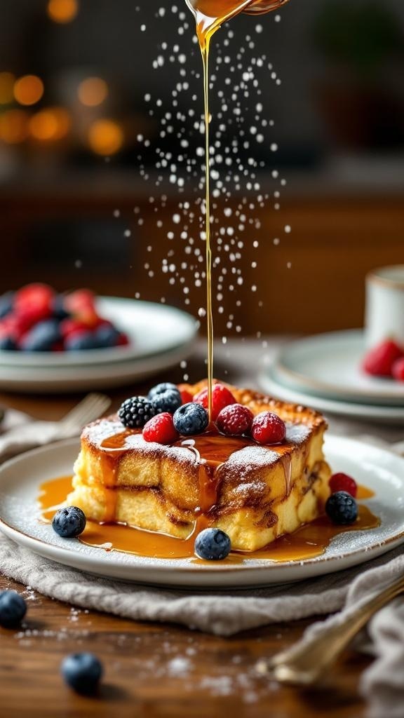 A delicious French toast casserole topped with fresh berries and syrup.