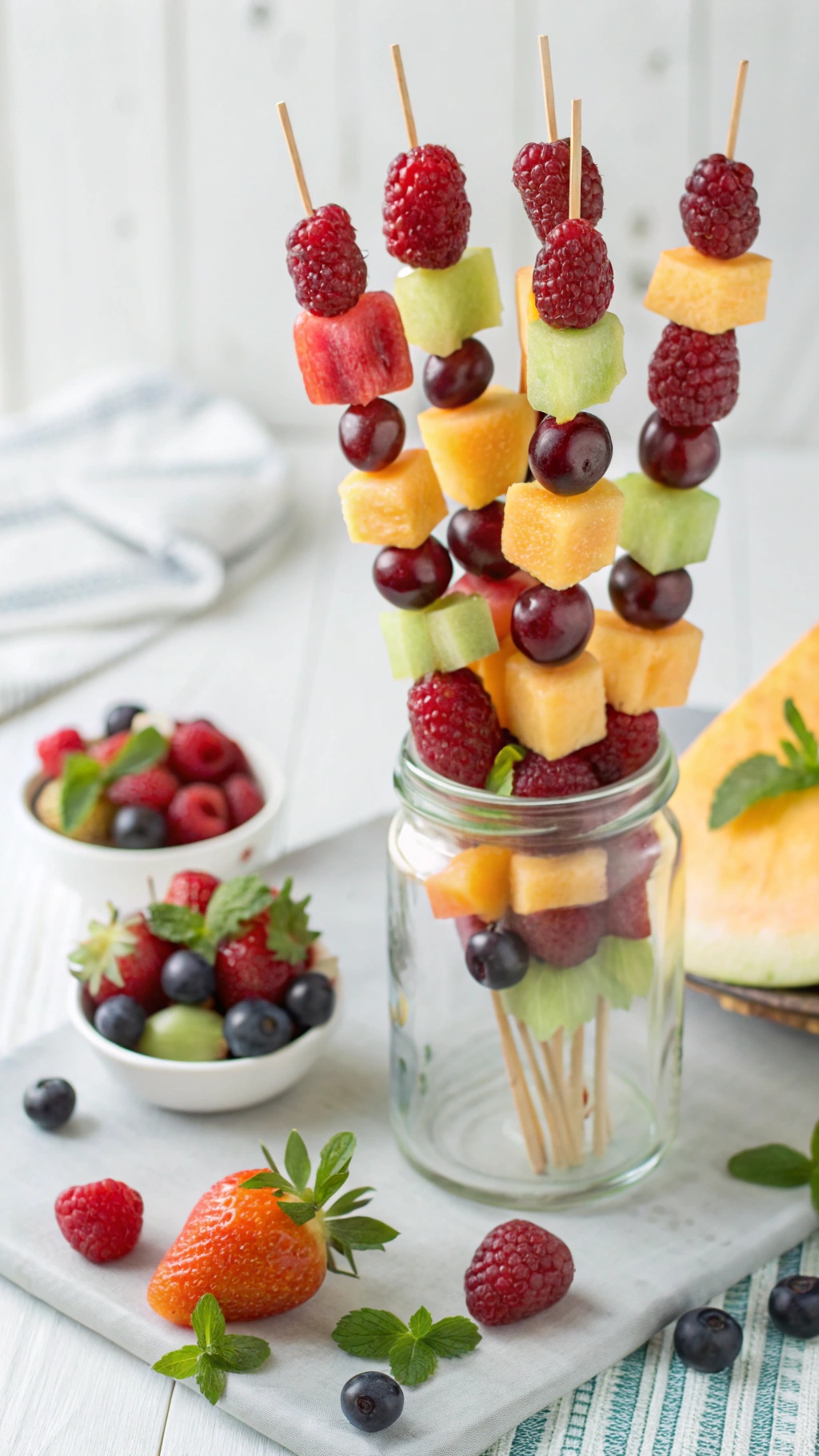 Colorful fruit skewers with raspberries, grapes, cantaloupe, honeydew, and watermelon arranged in a jar.