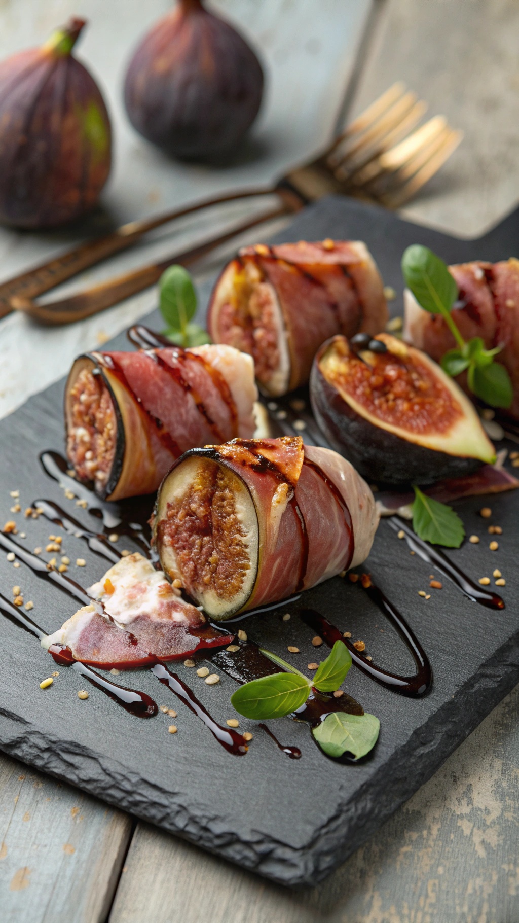 Grilled figs wrapped in prosciutto on a slate platter with balsamic glaze and fresh basil.
