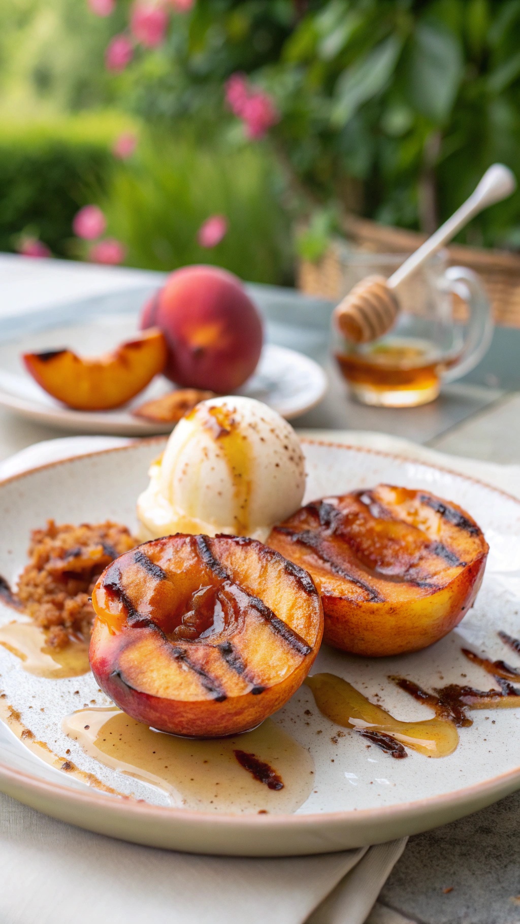 Grilled peaches with honey and ice cream on a plate