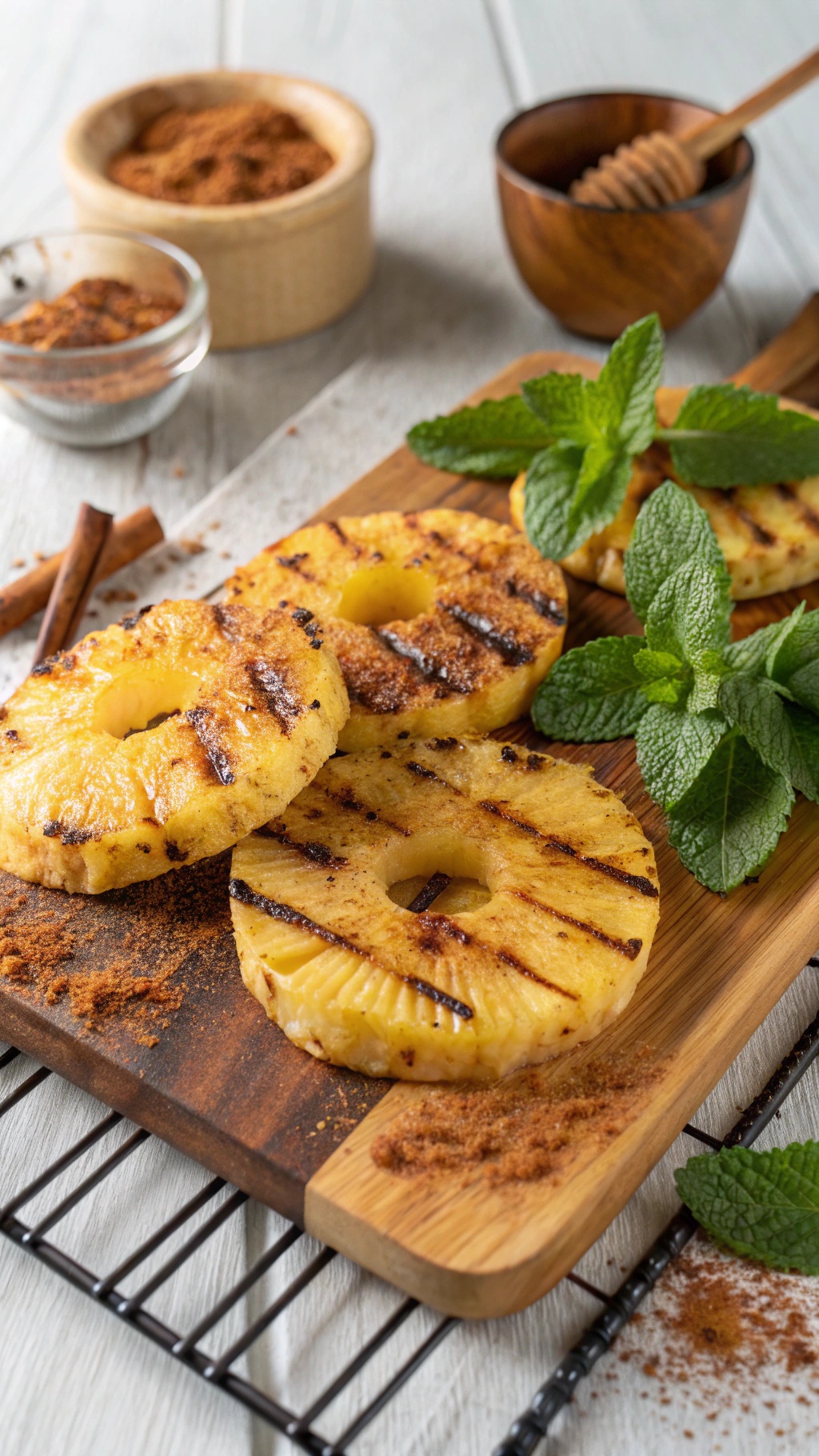 Grilled pineapple slices on a wooden board with mint leaves and brown sugar.