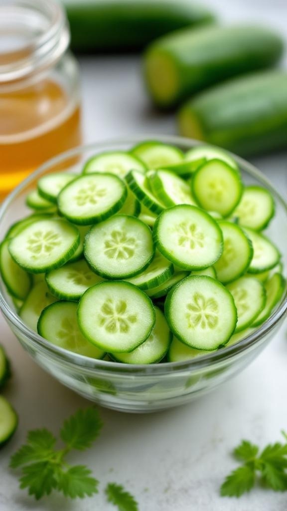 A bowl of sliced cucumbers ready for a sweet and sour salad.