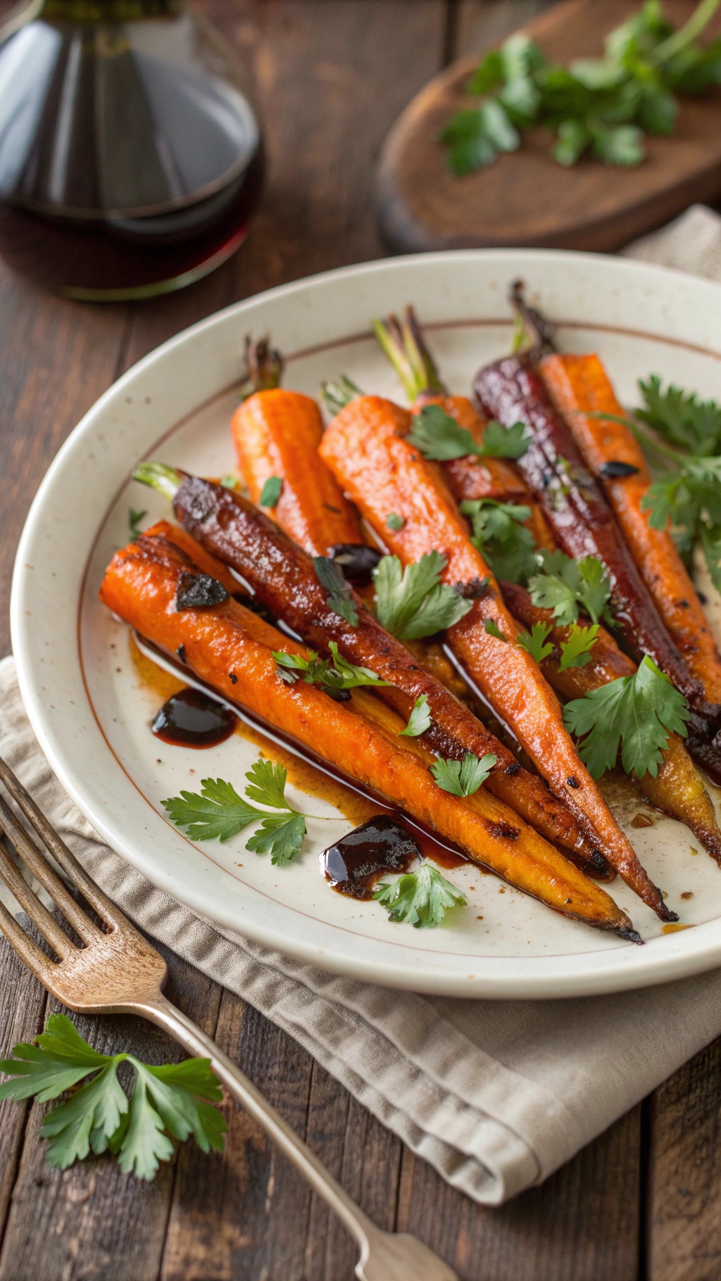 Plate of sweet and sour roasted carrots garnished with parsley