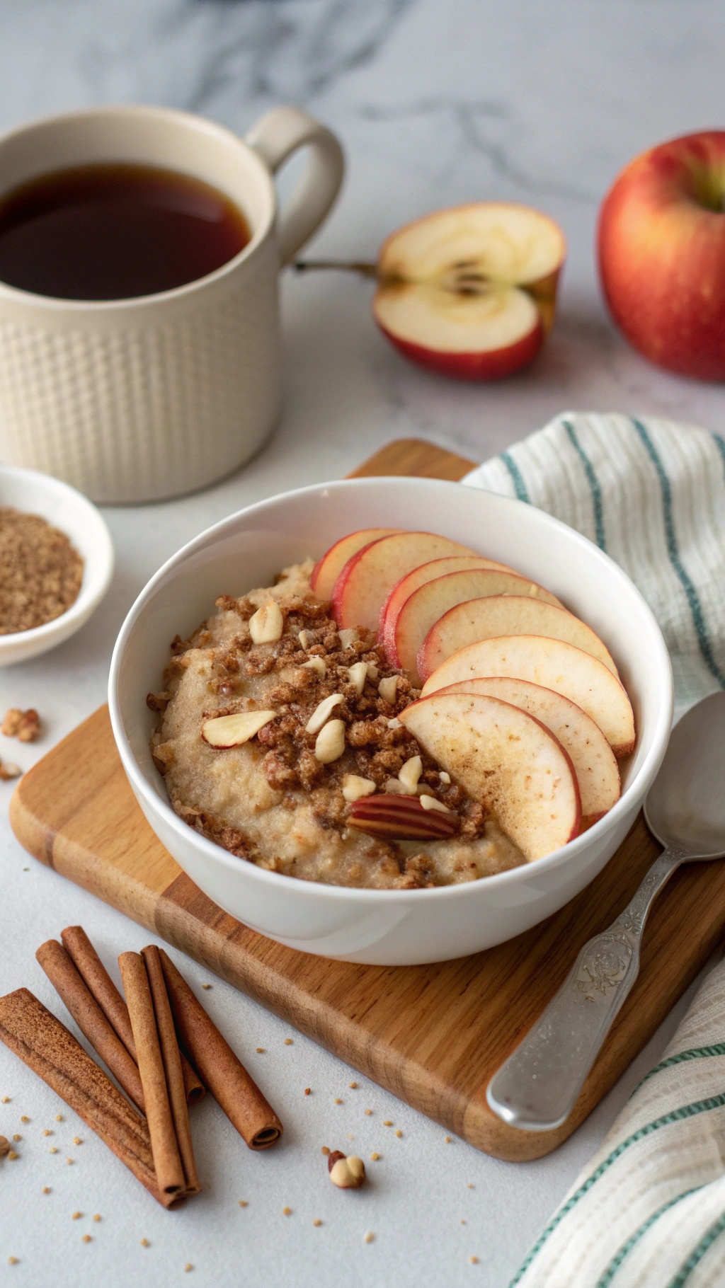 A bowl of Sweet and Spicy Apple Cinnamon Overnight Quinoa topped with apple slices and nuts, with a cup of coffee beside it.