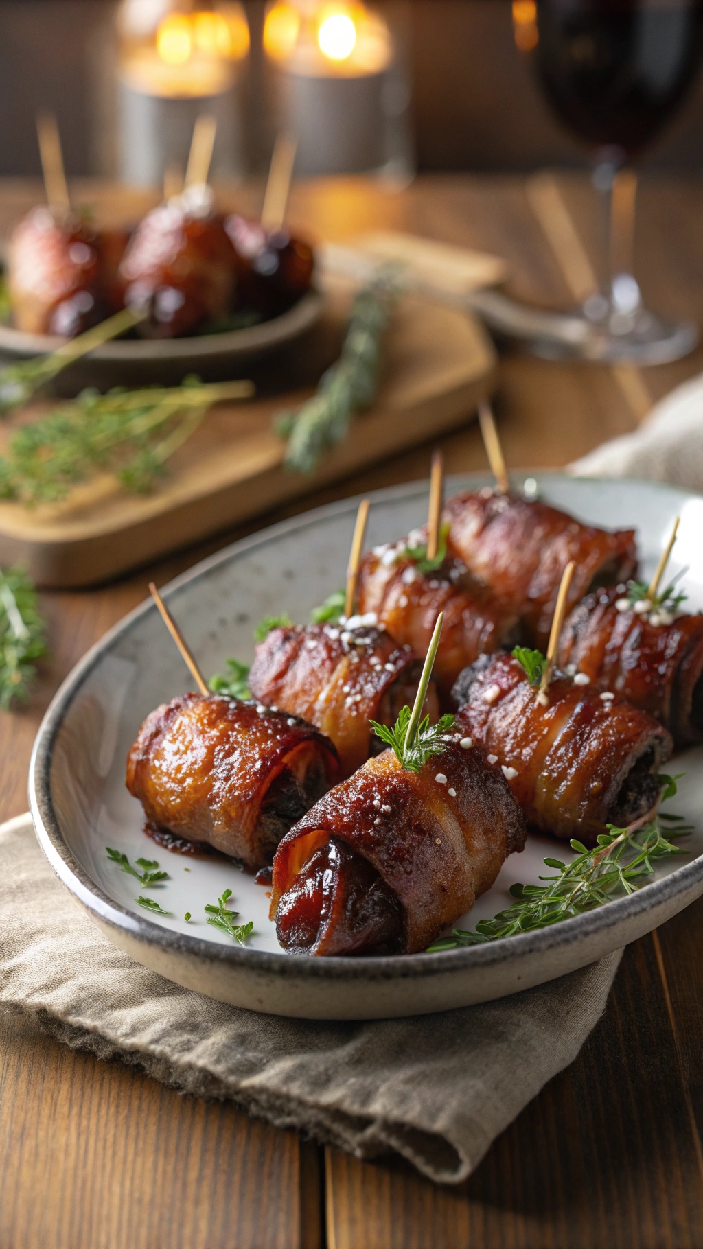 A plate of sweet and spicy bacon-wrapped dates garnished with herbs.
