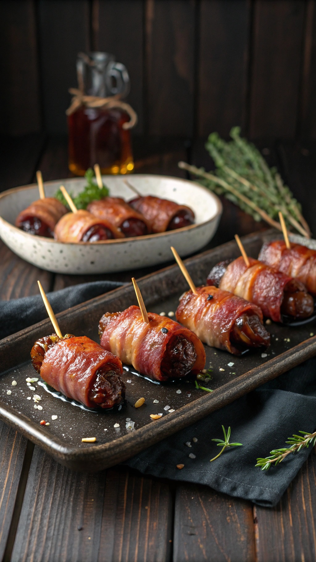 A plate of sweet and spicy bacon-wrapped dates, garnished and ready to serve.