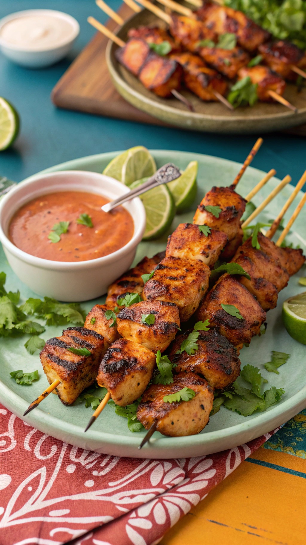 A plate of sweet and spicy chicken skewers garnished with cilantro and lime, served with a dipping sauce.