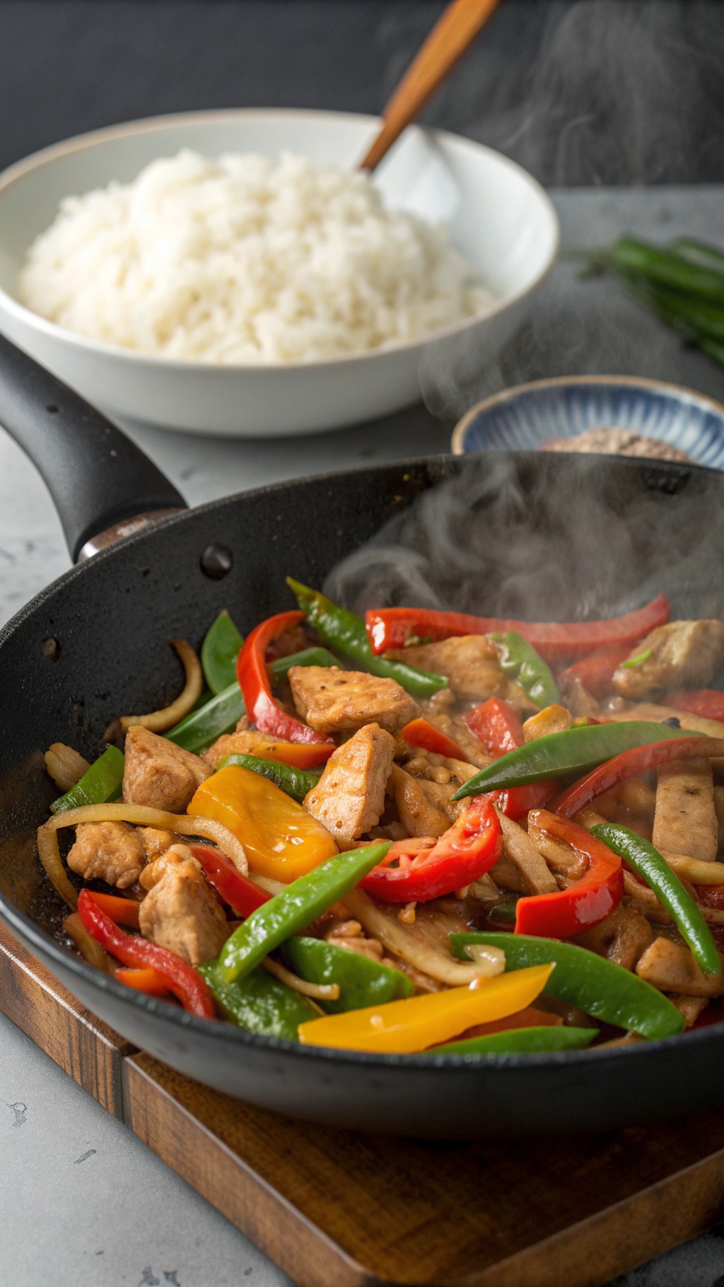 A colorful sweet and spicy chicken stir-fry with bell peppers and rice in the background.