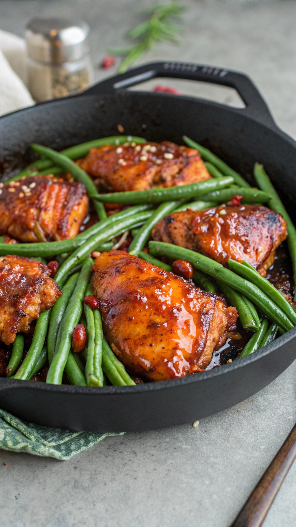 A skillet with sweet and spicy chicken thighs surrounded by green beans, garnished with sesame seeds.