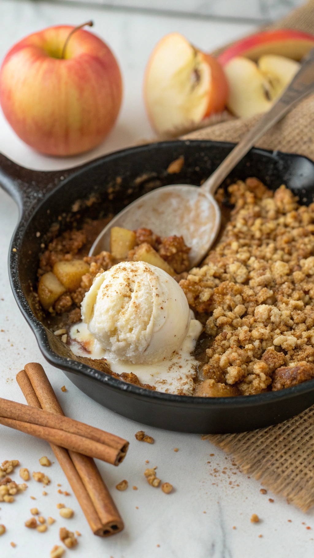 A delicious cinnamon apple crisp topped with ice cream in a cast-iron skillet, surrounded by fresh apples and cinnamon sticks.