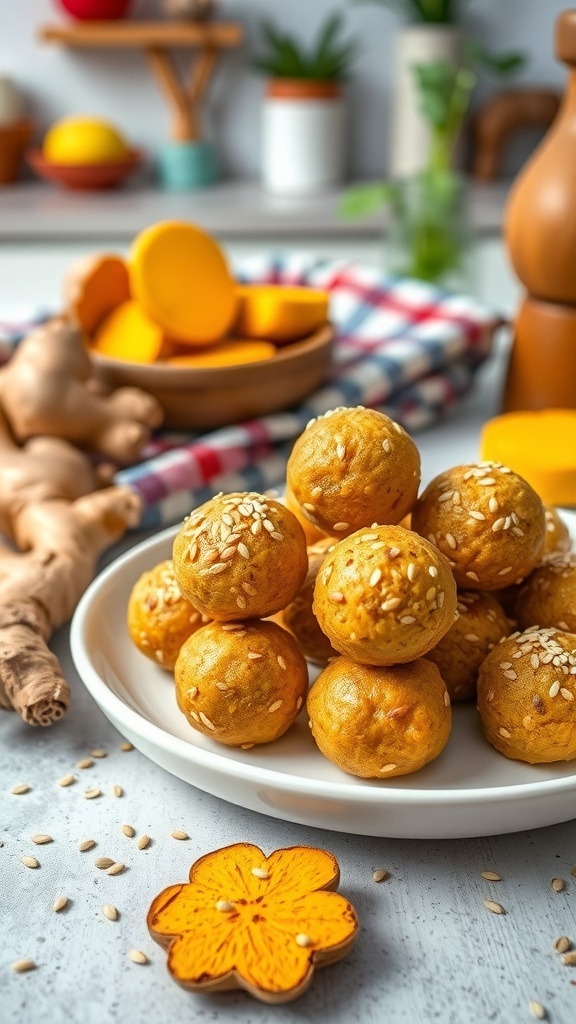A plate of sweet and spicy ginger turmeric energy bites, surrounded by fresh ginger and turmeric slices.
