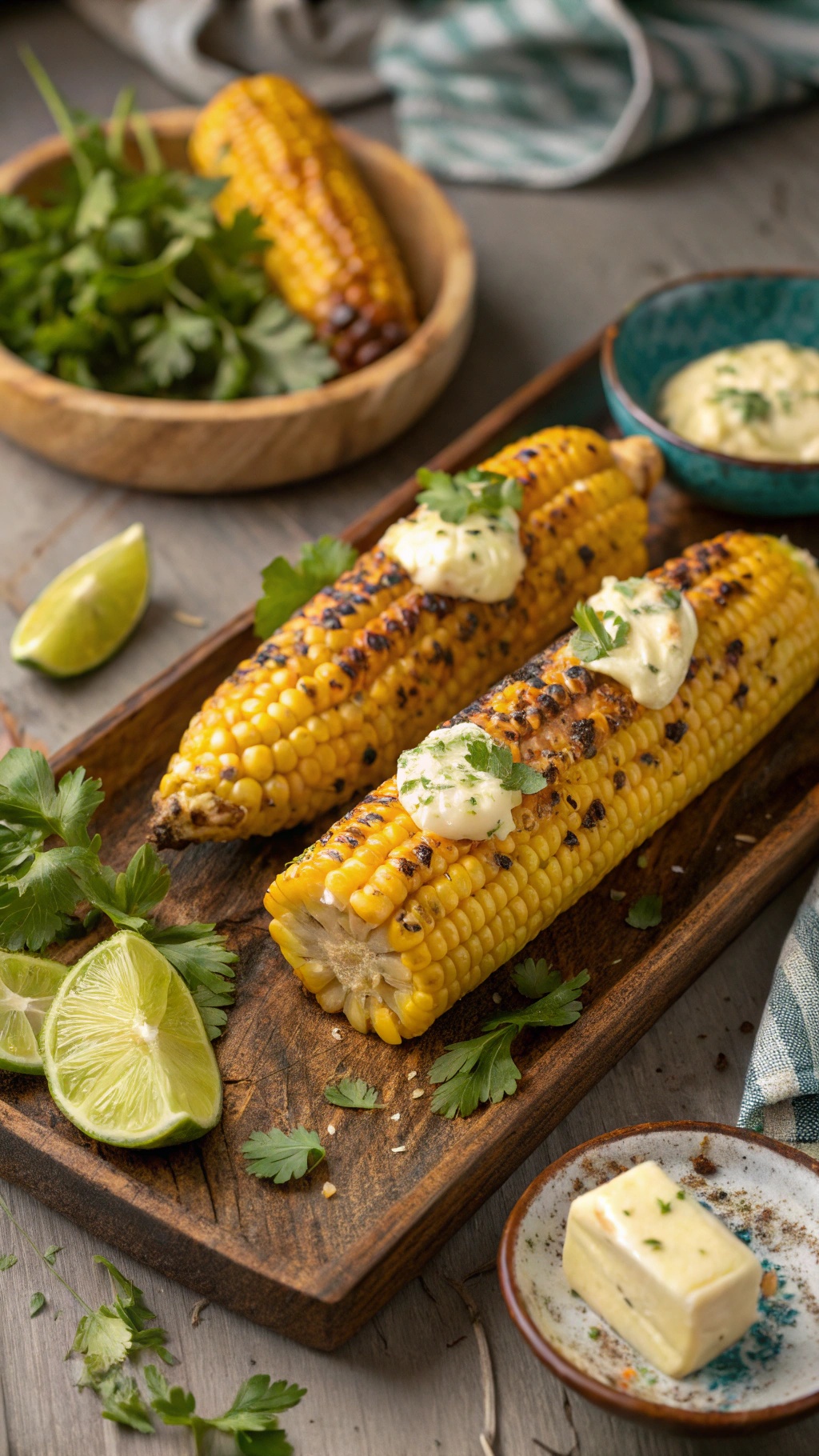 Grilled corn on the cob with toppings and lime wedges
