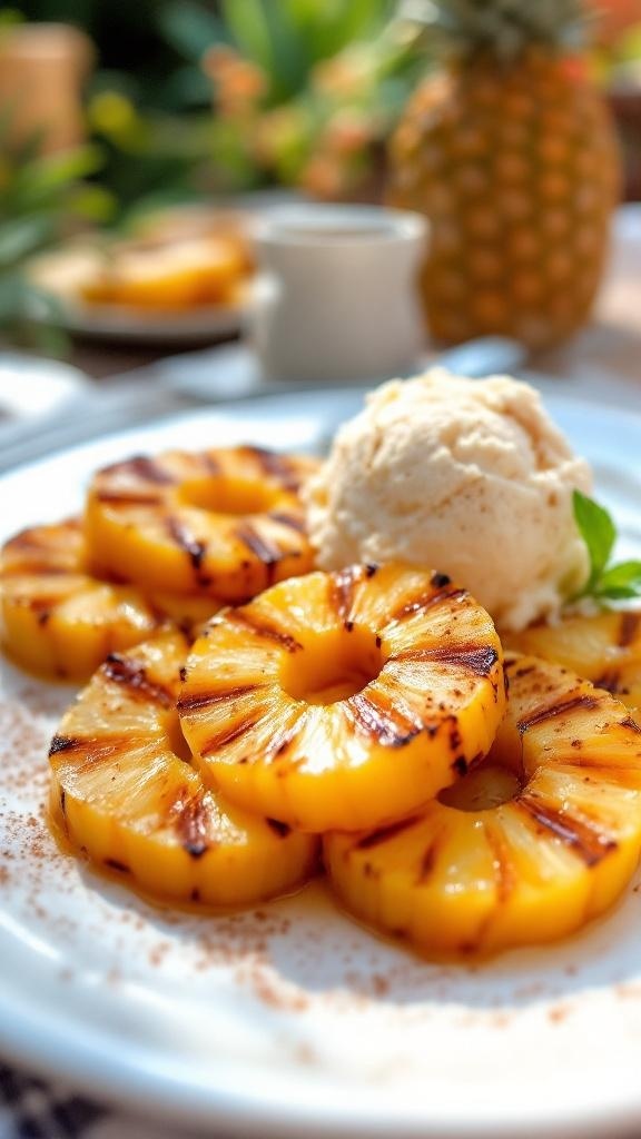 Grilled pineapple rings with ice cream on a plate
