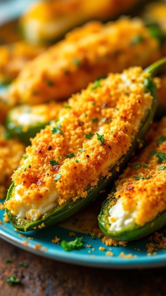 Baked jalapeño poppers topped with breadcrumbs and herbs