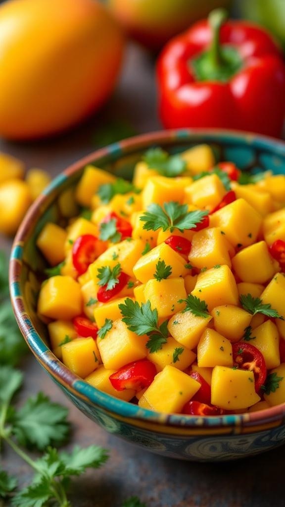 A colorful bowl of sweet and spicy mango salad with diced mango, red chili peppers, and fresh cilantro.