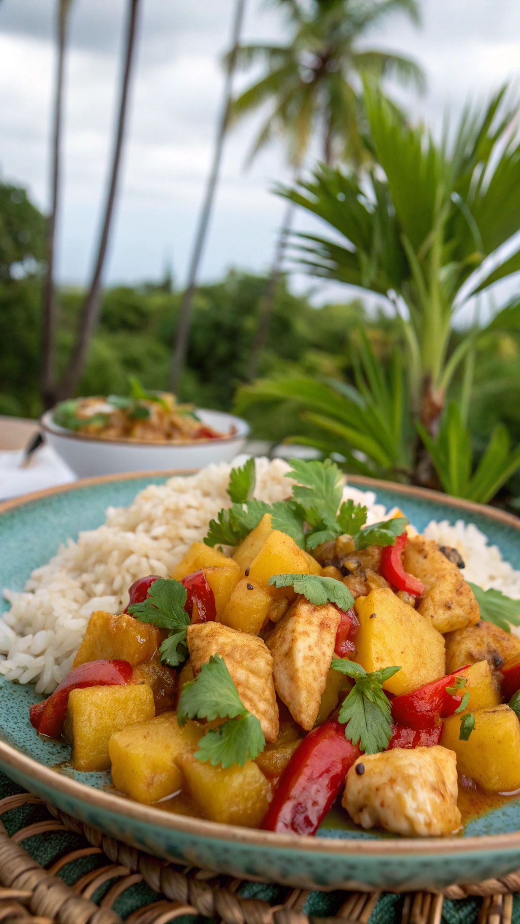 A plate of sweet and spicy pineapple chicken served with rice and garnished with cilantro, set against a tropical backdrop.
