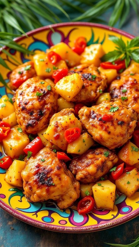 A colorful plate of sweet and spicy pineapple chicken thighs with pineapple chunks and red chili peppers.