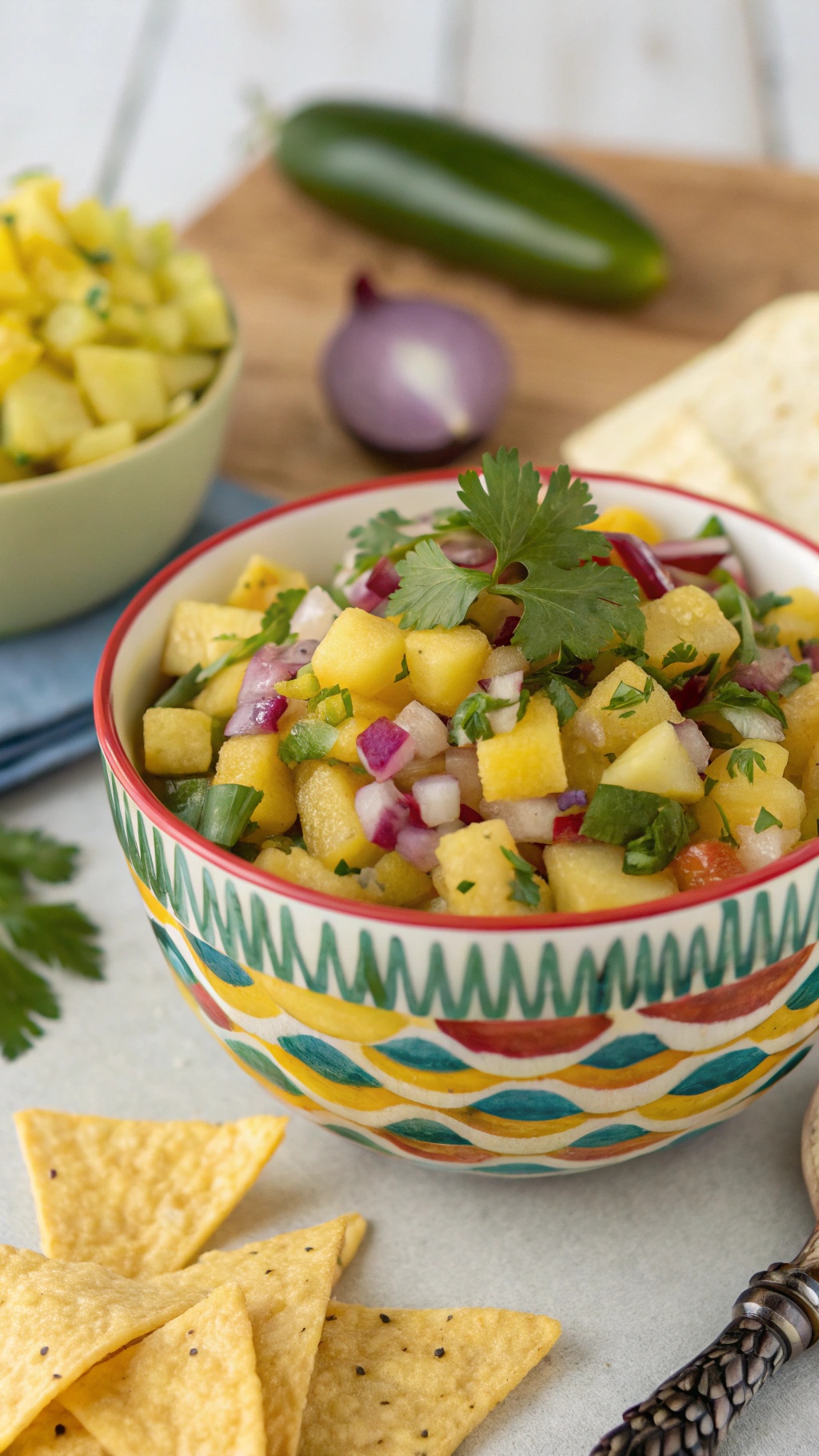 A colorful bowl of sweet and spicy pineapple salsa with tortilla chips
