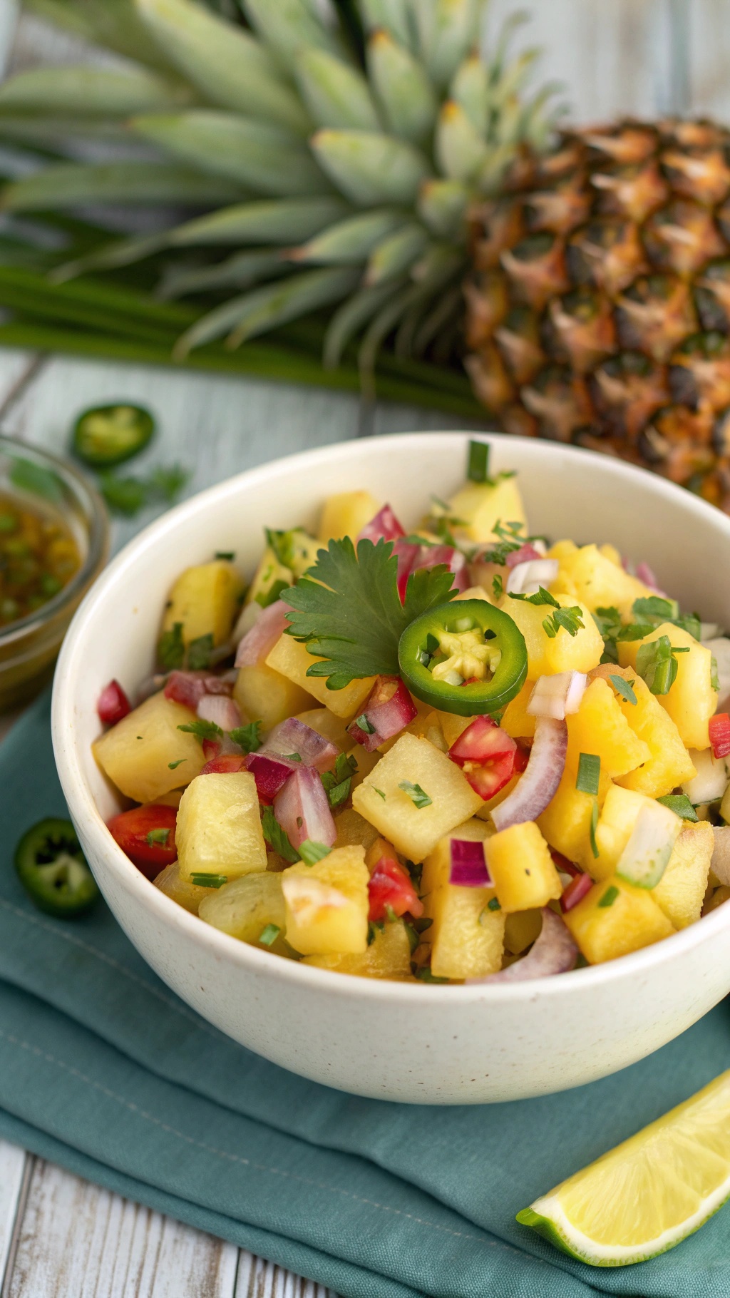 A bowl of sweet and spicy pineapple salsa with diced pineapple, red onion, jalapeño, and cilantro, garnished with a lime wedge.