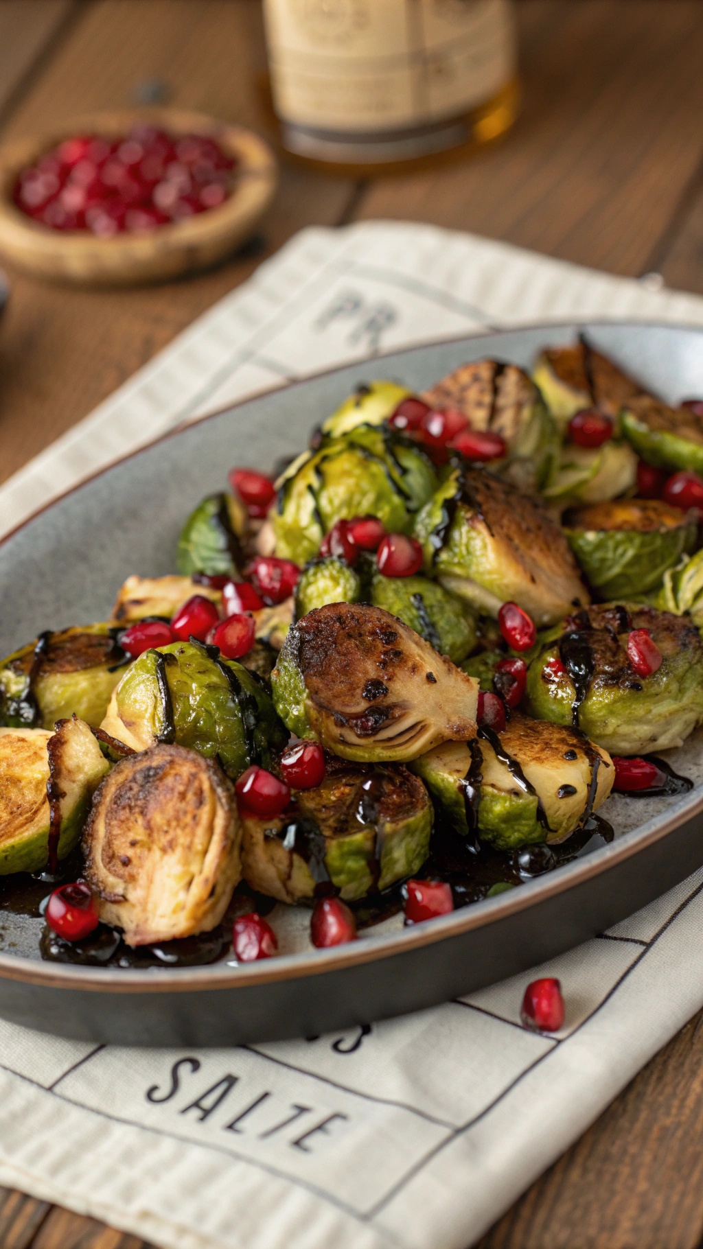 A plate of sweet and spicy roasted Brussels sprouts topped with pomegranate seeds and drizzled with balsamic glaze.