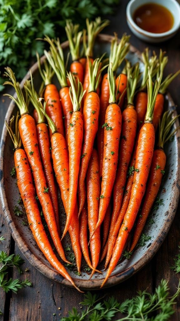 A platter of sweet and spicy roasted carrots garnished with parsley.