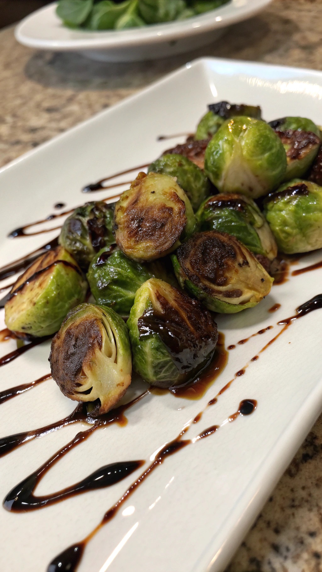 A plate of roasted Brussels sprouts drizzled with balsamic glaze, showcasing their caramelized texture.