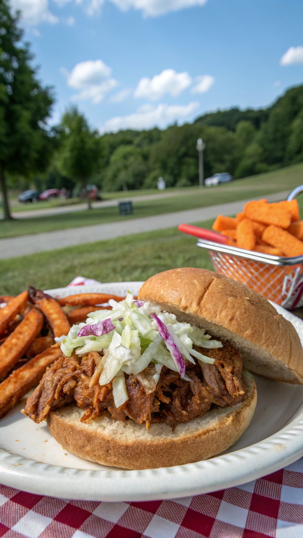 A plate featuring BBQ pulled pork sandwich with coleslaw, sweet potato fries, and a scenic outdoor background.