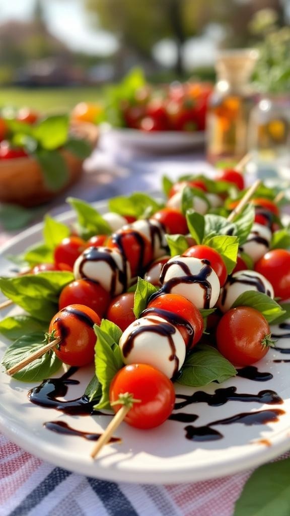 Colorful Caprese skewers with cherry tomatoes, mozzarella balls, and basil drizzled with balsamic glaze.