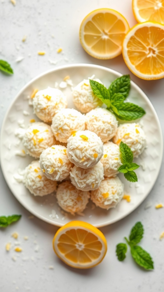 A plate of Lemon Coconut Energy Bites surrounded by lemon halves and mint leaves.