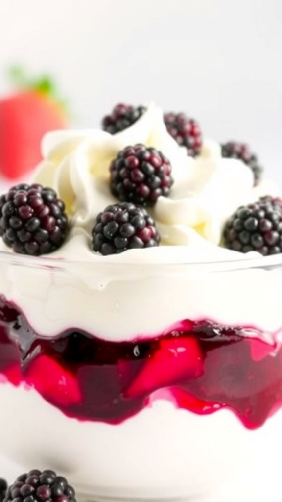A glass of no-bake blackberry fool dessert with layers of whipped cream and blackberry puree, topped with fresh blackberries.