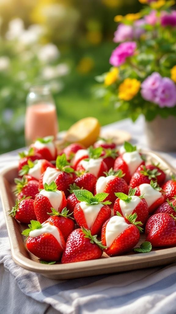A platter of sweet berry and cream cheese stuffed strawberries garnished with mint leaves, set in a sunny picnic environment.
