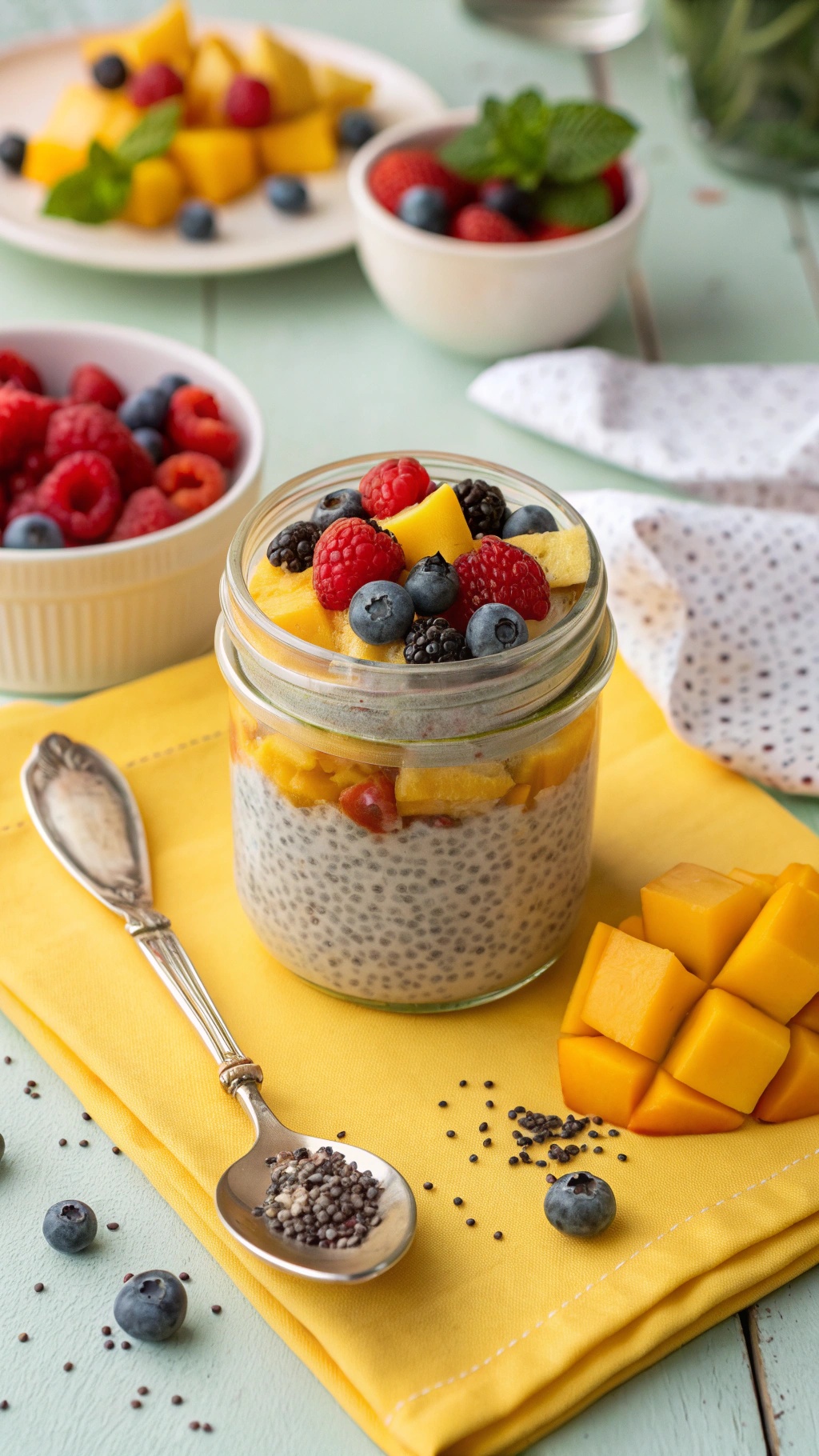 A jar of chia seed pudding topped with mango, blueberries, and raspberries, with a spoon and additional fruits on the side.
